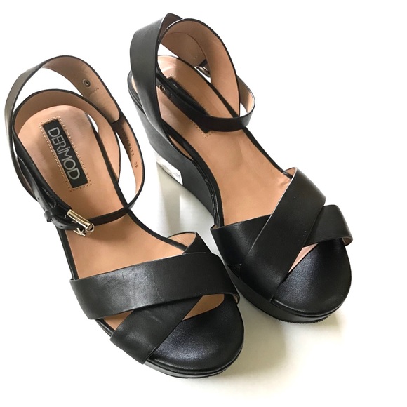 Y2K Derimod Goth Punk Black Genuine Leather Platform Wedge Sandals Mary Jane - Picture 5 of 8